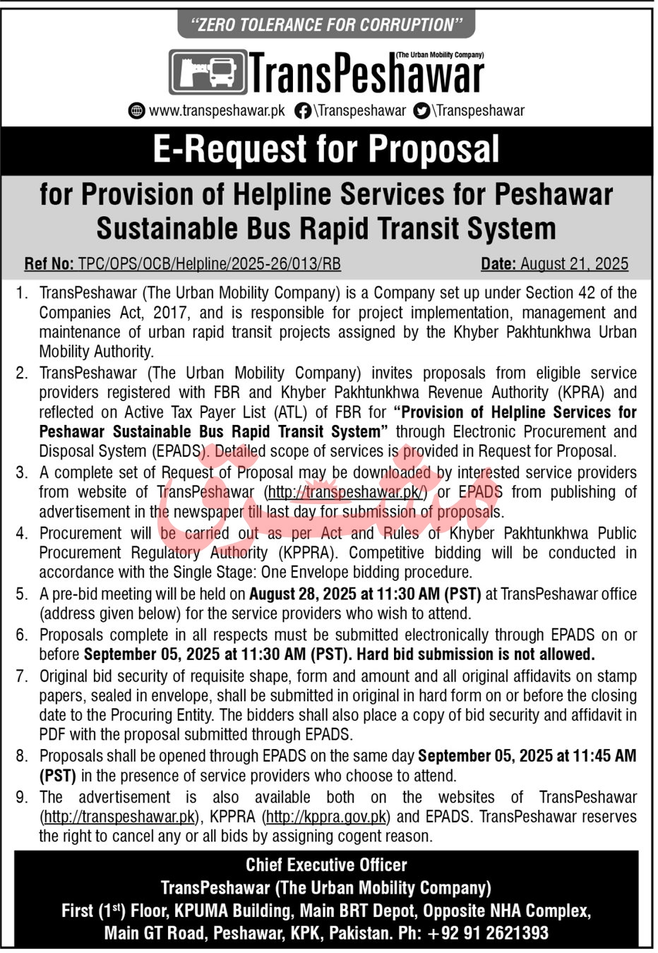 TransPeshawar Tender Notice